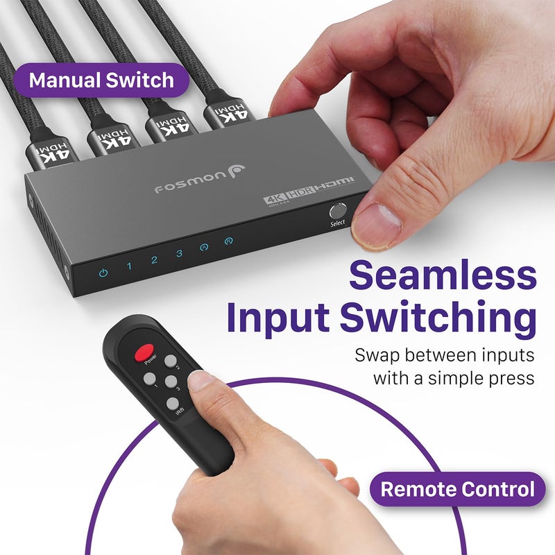 Fosmon 3-Port HDMI 4K Switch with Remote, Support 4K@60Hz HDCP 2.2 High Speed 18Gbps 3 in 1 Out Auto-Switching 3x1 HDMI 2.0 Switcher Splitter Hub Compatible with PS5, Xbox X, Apple TV - Image 3